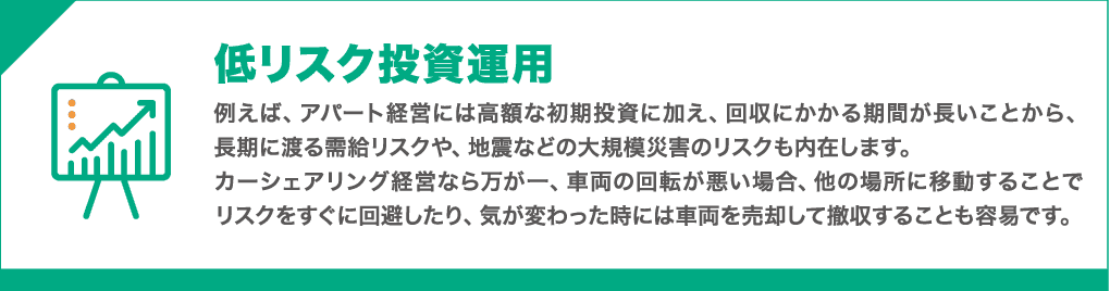 低リスク投資運用 : 例えば、アパート経営には高額な初期投資に加え、回収にかかる期間が長いことから、長期に渡る需給リスクや震災などの大規模災害の被災リスクも内在します。カーシェア経営なら万が一回転が悪い場合、回転の良い場所に車両を移動することでリスクをすぐに回避したり、気が変わった時に車両売却して撤収することも容易です。